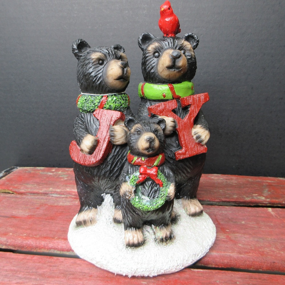 Transpac Christmas Bear Family Figurine with Cardinal & JOY Holiday Decor 7" NEW